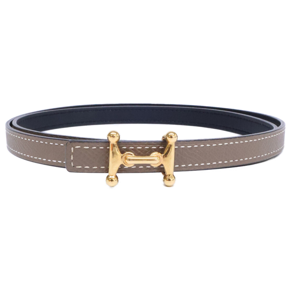 HERMES (Hermes) Y-stamp Mole H Mini Buckle Black Etoupe Belt with Gold Hardwa...